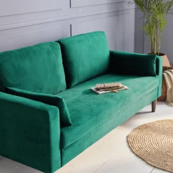 Sofá de terciopelo con patas de madera de hevea, 3 plazas