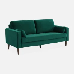 Sofá de terciopelo con patas de madera de hevea, 3 plazas