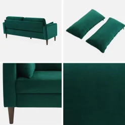 Sofá de terciopelo con patas de madera de hevea, 3 plazas