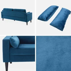 Sofá de terciopelo con patas de madera de hevea, 3 plazas