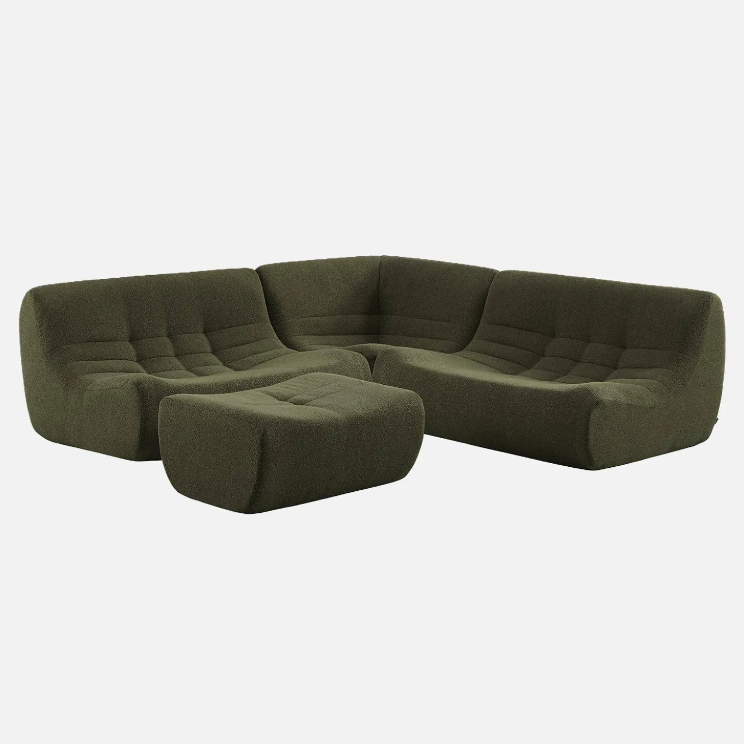 Sofá esquinero modular con reposapiés de borreguito texturizada, 5 plazas