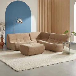 Sofá esquinero modular con reposapiés de terciopelo acanalado, 5 plazas