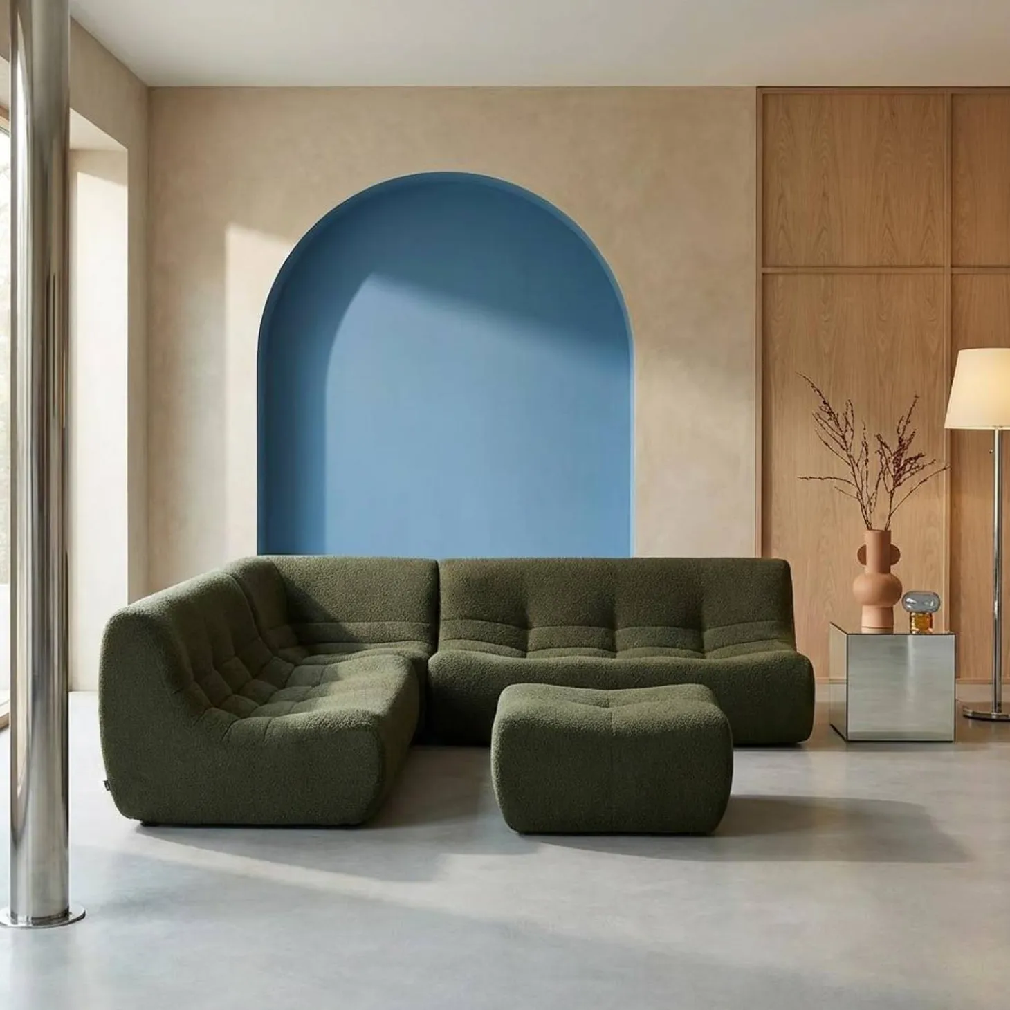Sofá esquinero modular con reposapiés de borreguito texturizada, 7 plazas