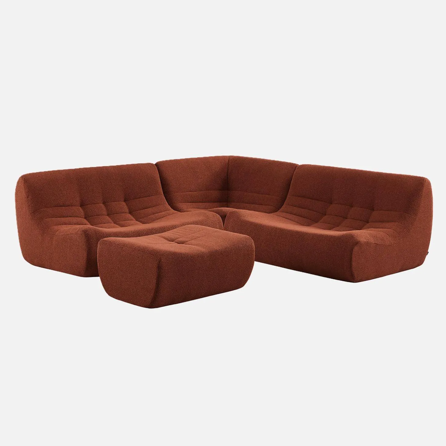 Sofá esquinero modular con reposapiés de borreguito texturizada, 5 plazas