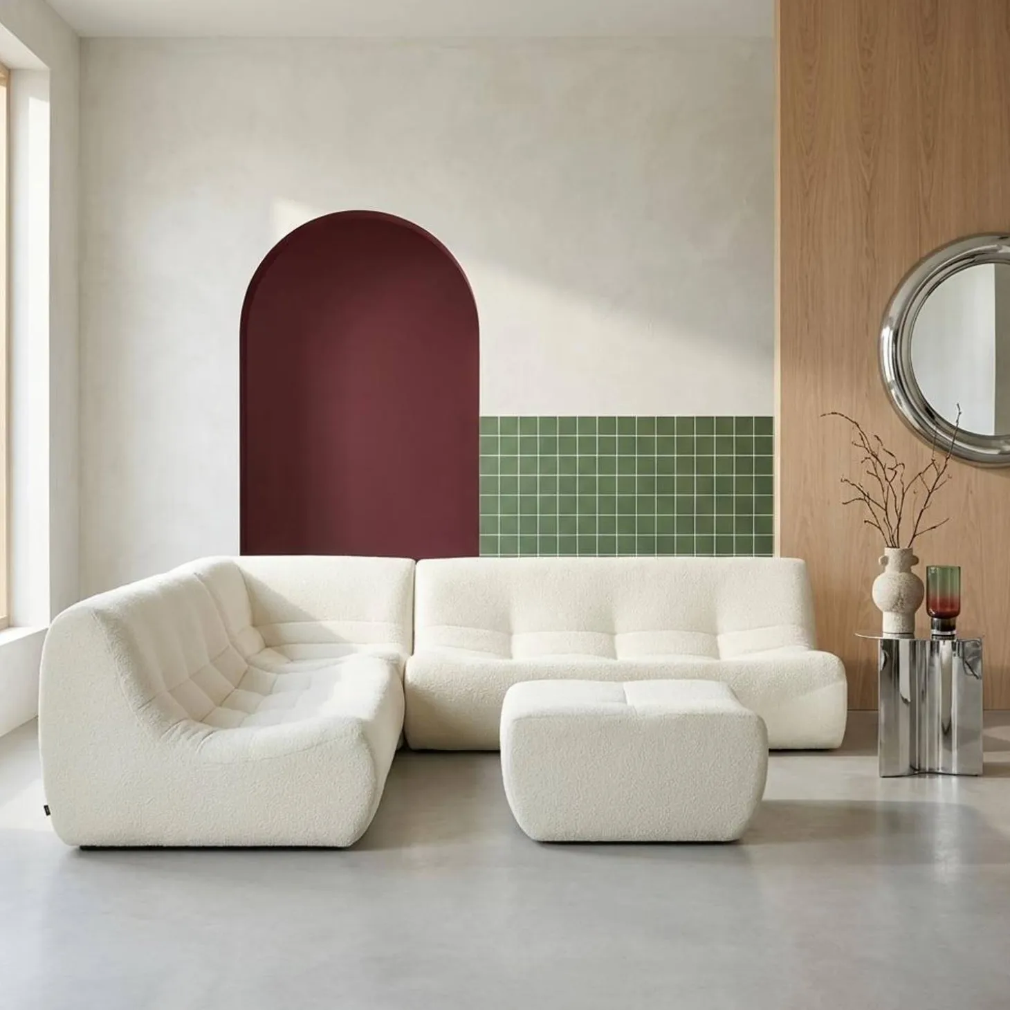 Sofá esquinero modular con reposapiés de borreguito texturizada, 7 plazas