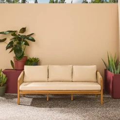 Sofá exterior de madera acacia, cuerdas y tela, 3 plazas
