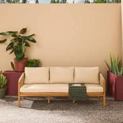 Sofá exterior de madera acacia, cuerdas y tela, 3 plazas