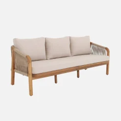Sofá exterior de madera acacia, cuerdas y tela, 3 plazas