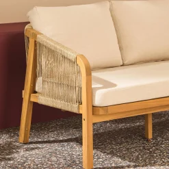 Sofá exterior de madera acacia, cuerdas y tela, 3 plazas