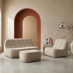Sofá modular de borreguito texturizada con reposapiés, 3 plazas