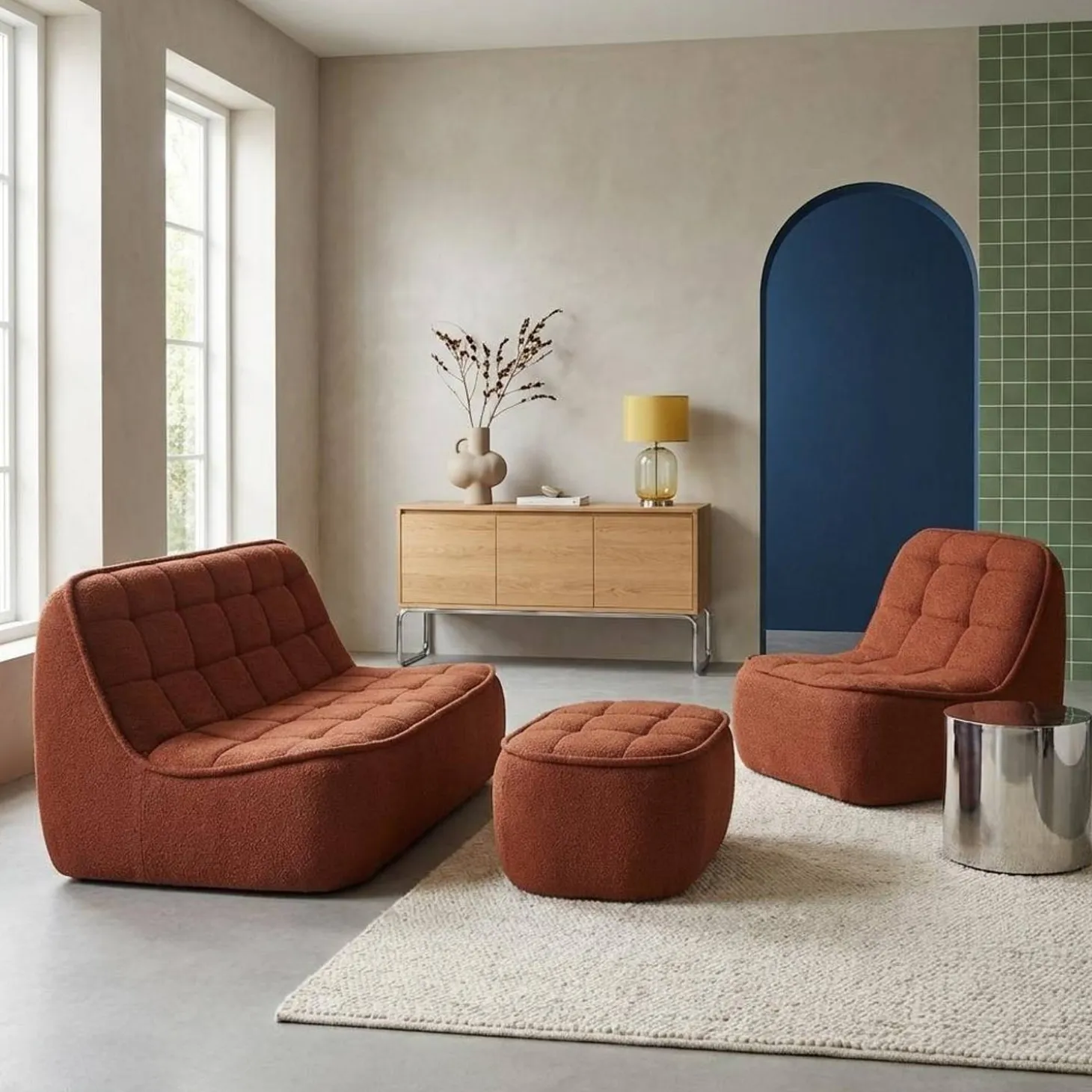 Sofá modular de borreguito texturizada con reposapiés, 3 plazas