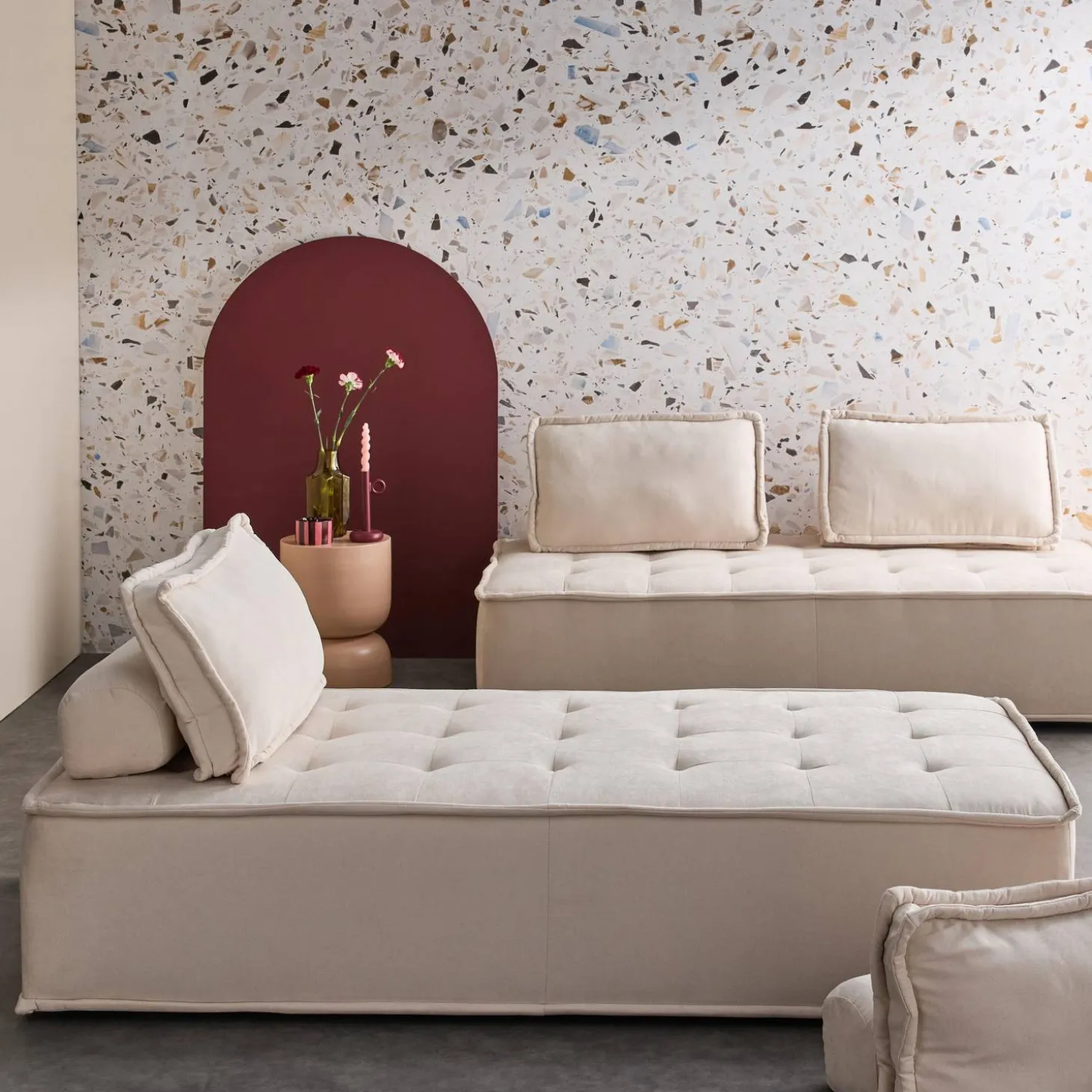 Sofá modular en tela lisa, 4 plazas