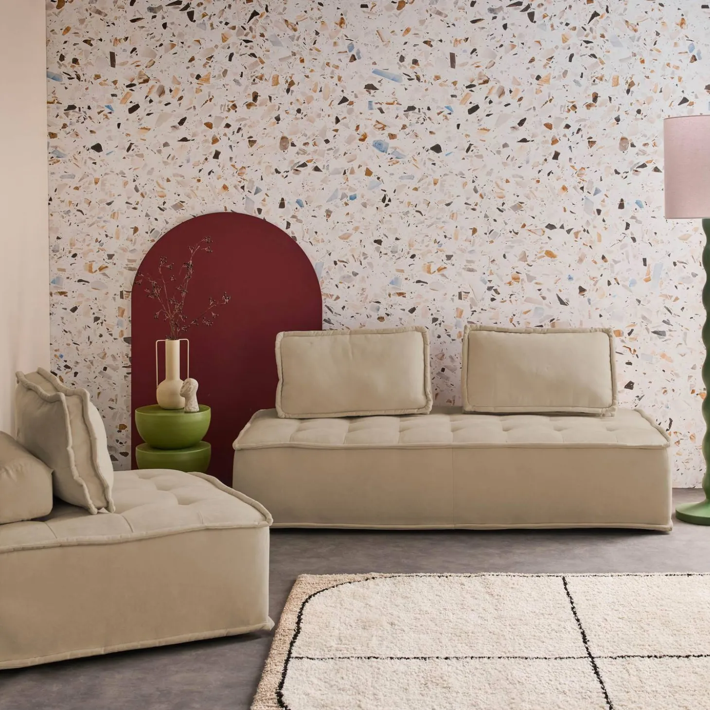Sofá modular en tela lisa, 3 plazas