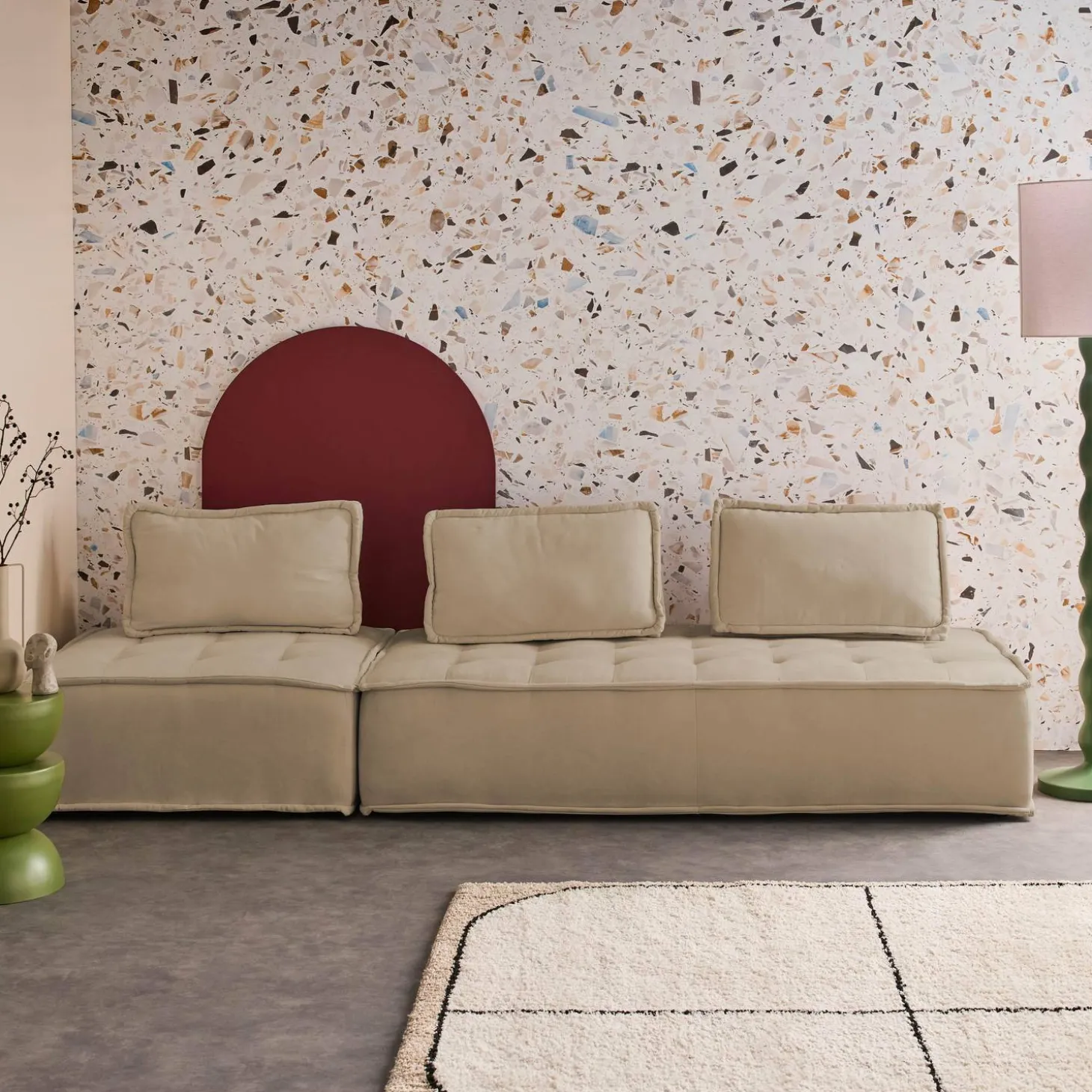 Sofá modular en tela lisa, 3 plazas