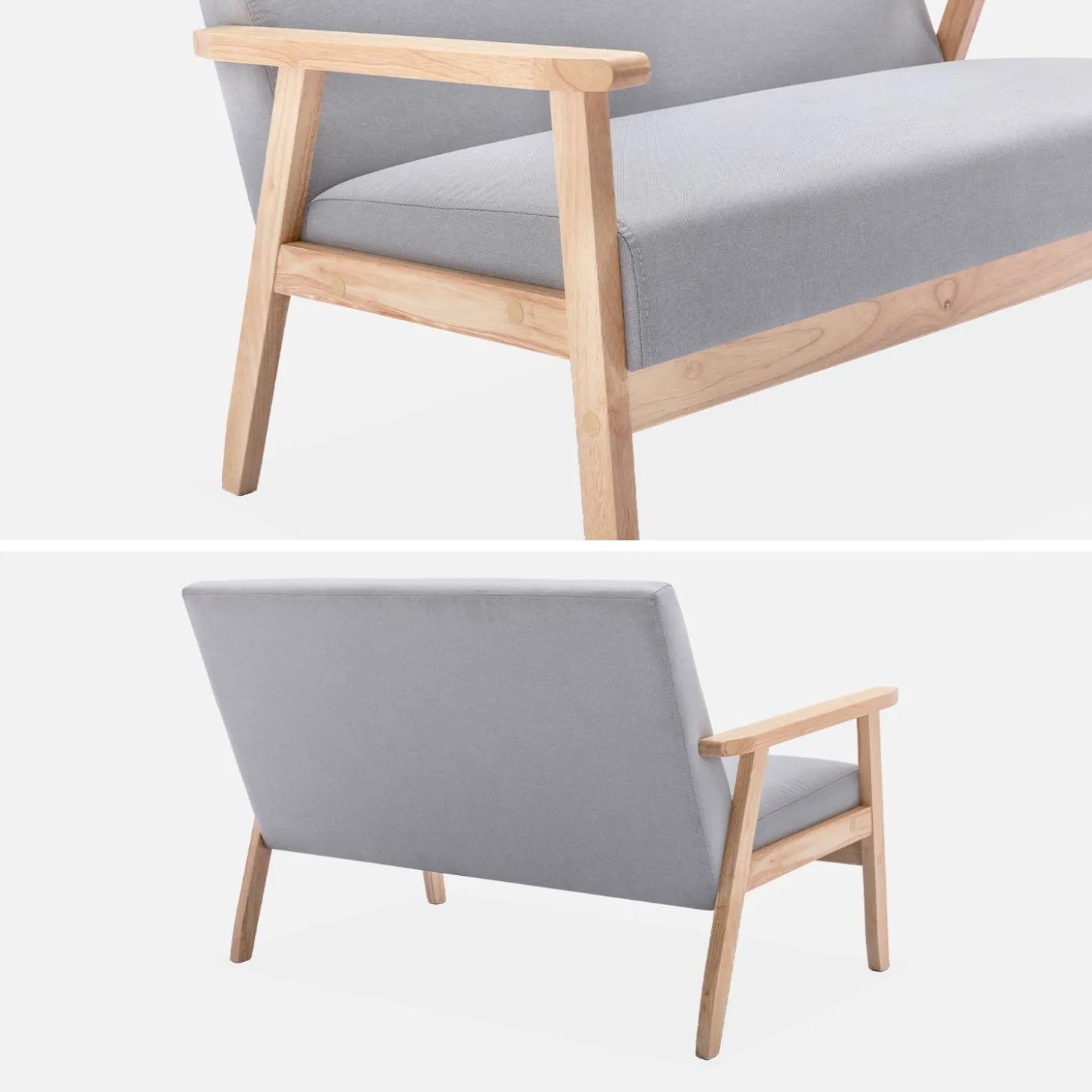 Sofá o banco con tela y patas de madera, 2 plazas