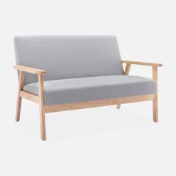 Sofá o banco con tela y patas de madera, 2 plazas