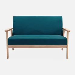 Sofá o banco con tela y patas de madera, 2 plazas