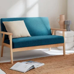 Sofá o banco con tela y patas de madera, 2 plazas
