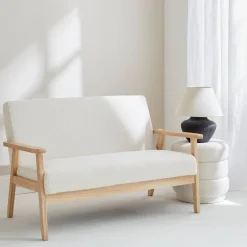 Sofá o banco de borreguito y patas de madera, 2 plazas
