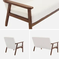 Sofá y sillón 2 plazas en tejido borreguito, patas teñidas madera oscura