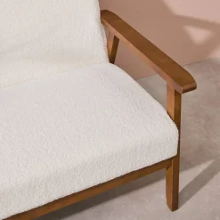 Sofá y sillón 2 plazas en tejido borreguito, patas teñidas madera oscura