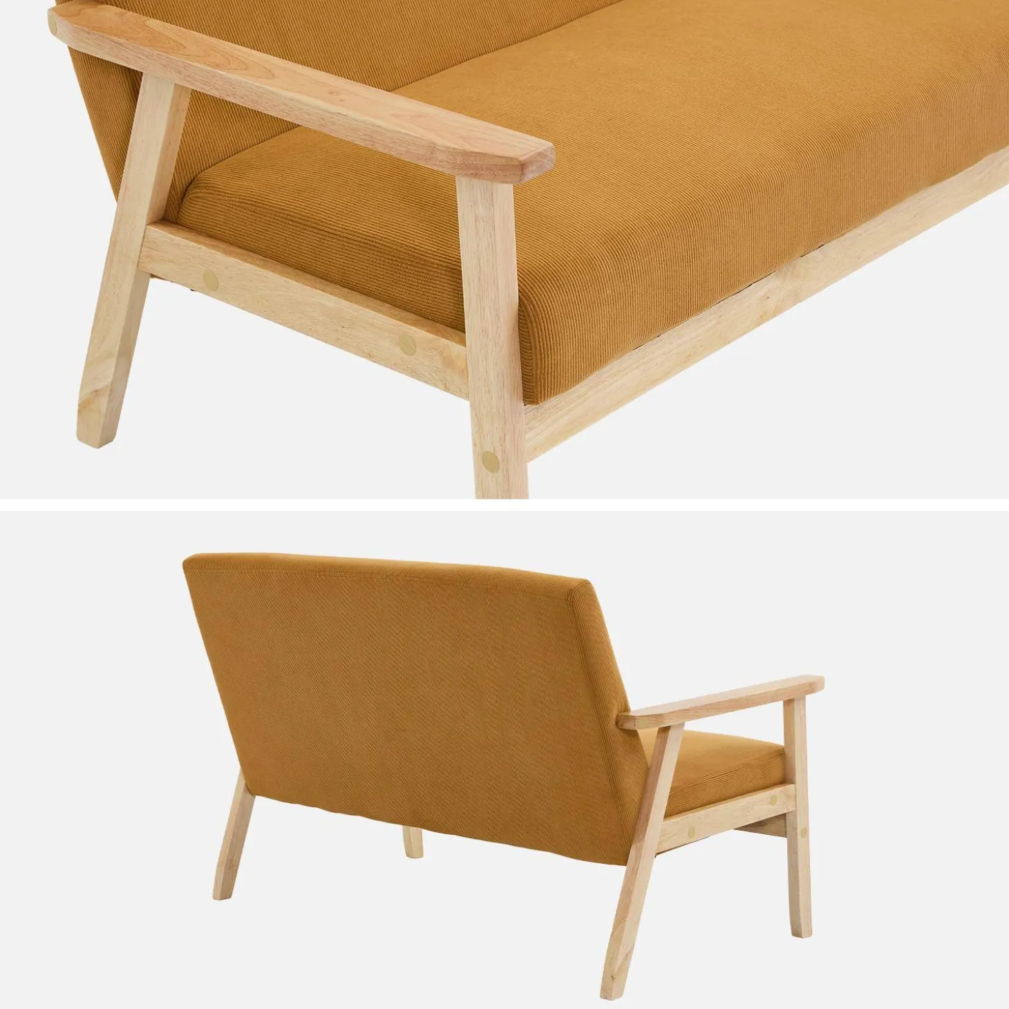 Sofá-banco de pana con patas de madera, 2 plazas
