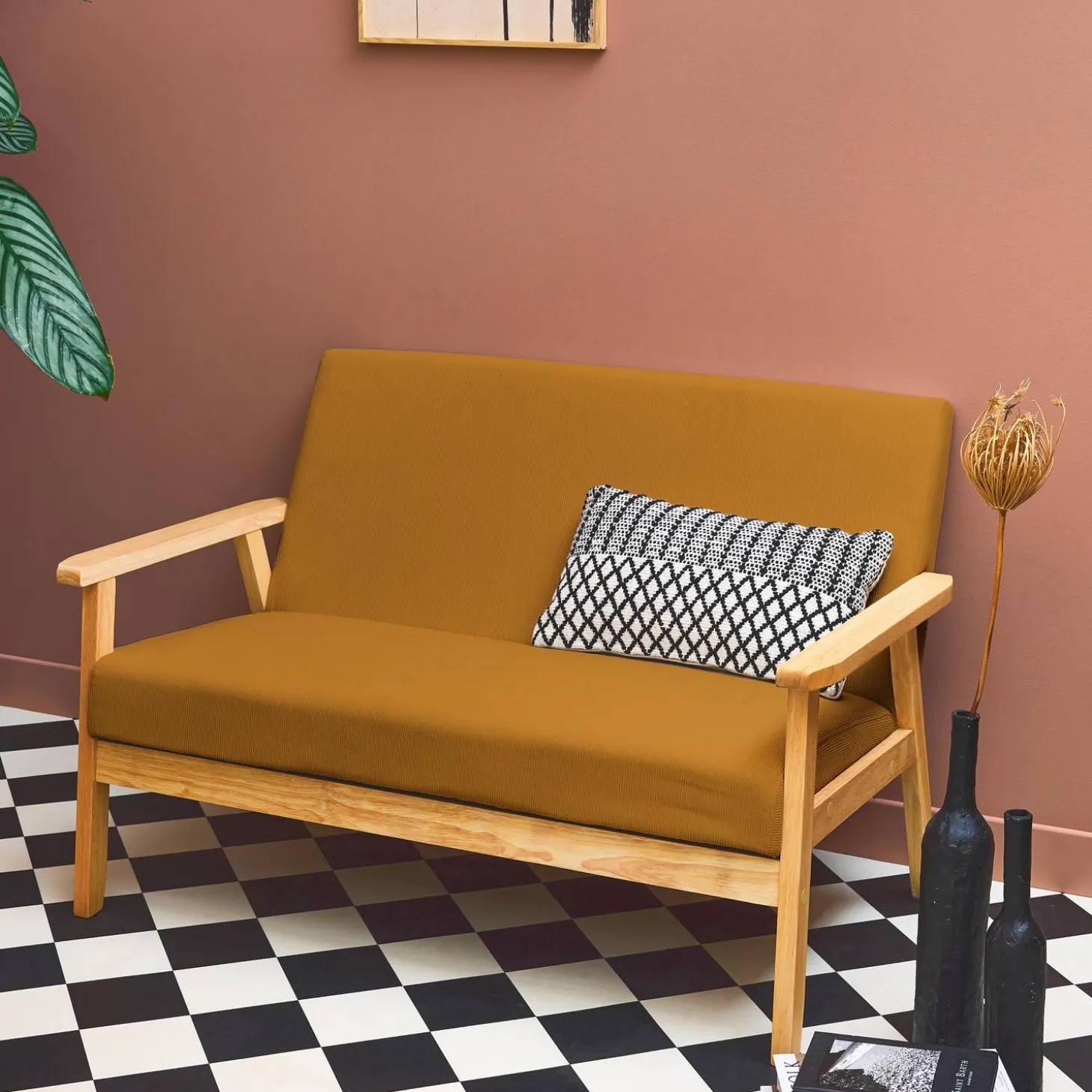 Sofá-banco de pana con patas de madera, 2 plazas