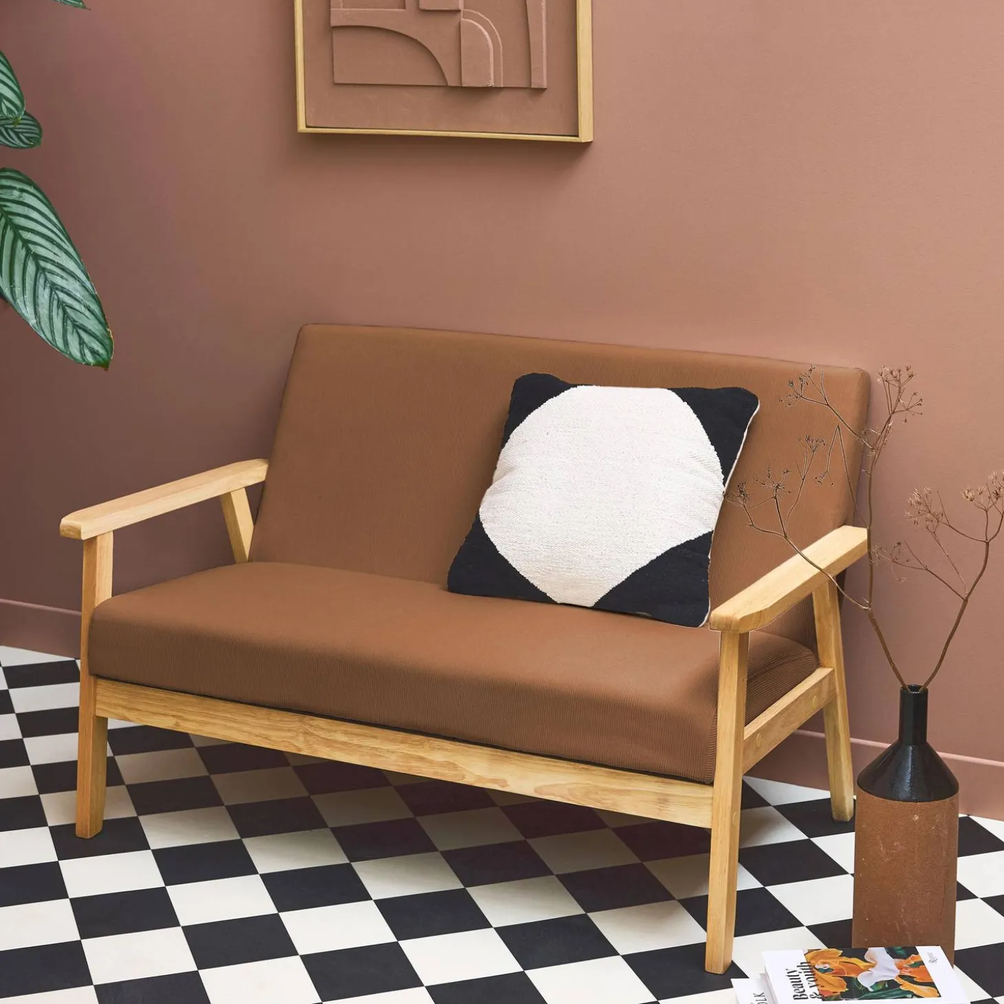 Sofá-banco de pana con patas de madera, 2 plazas