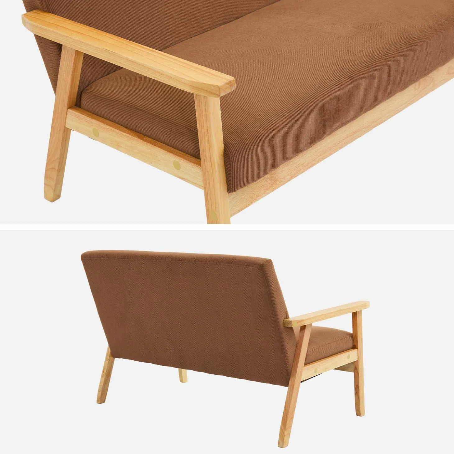 Sofá-banco de pana con patas de madera, 2 plazas