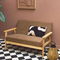Sofá-banco de pana con patas de madera, 2 plazas