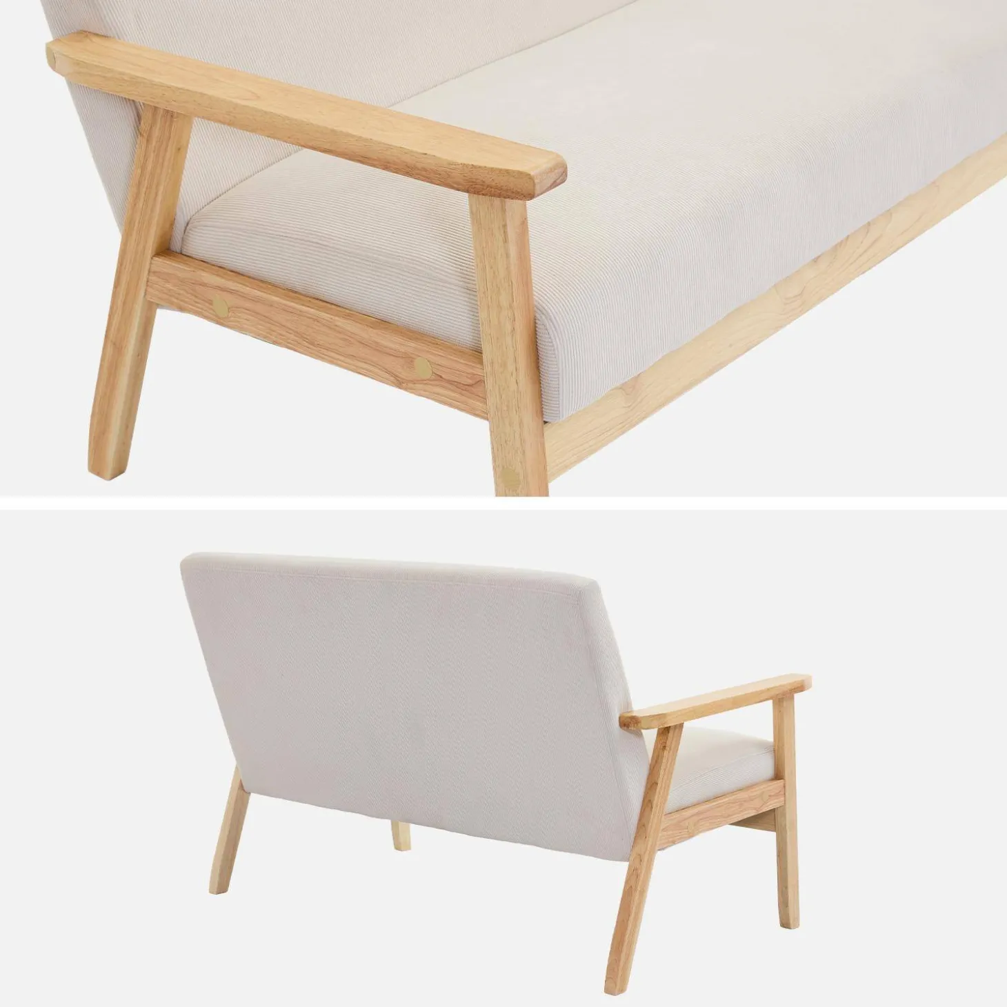 Sofá-banco de pana con patas de madera, 2 plazas