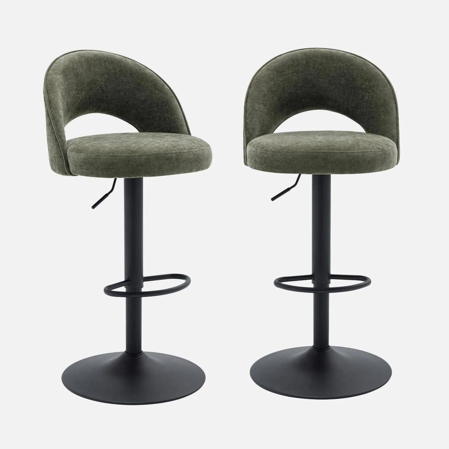Taburete de bar ajustable de metal y tela con base negra, set de 2
