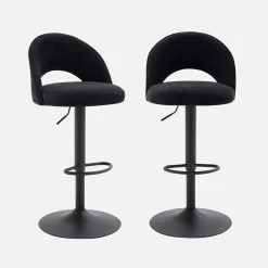Taburete de bar ajustable de metal y tela con base negra, set de 2