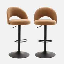 Taburete de bar ajustable de metal y tela con base negra, set de 2