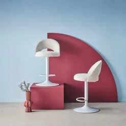 Taburete de bar ajustable de metal y tela con base blanca, set de 2