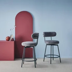 Taburete de bar asiento giratorio metal y tela simple, set de 2