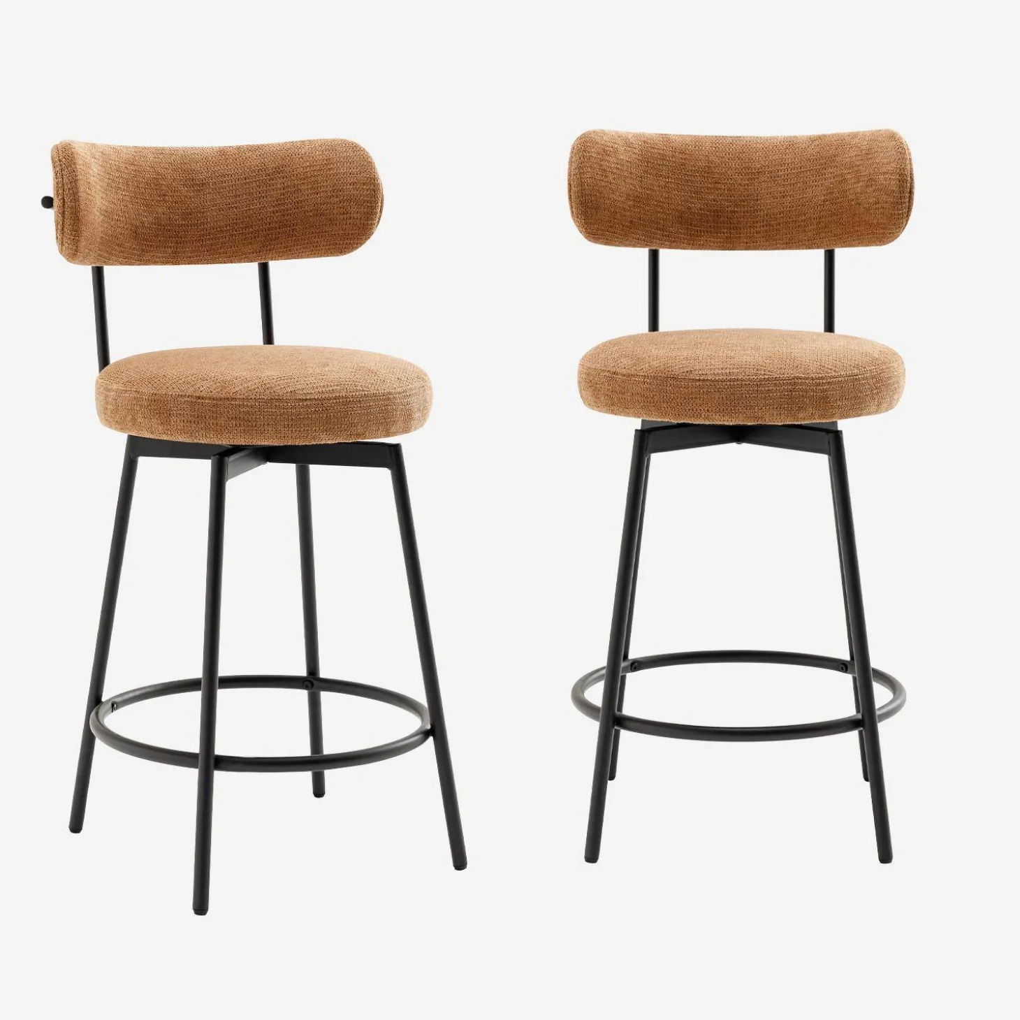Taburete de bar asiento giratorio metal y tela simple, set de 2