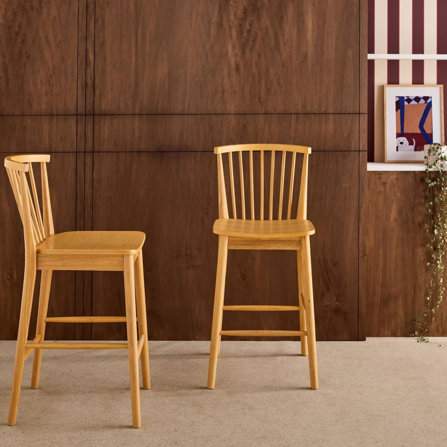 Taburete de bar con barrotes de madera de hevea, set de 2