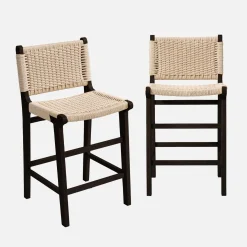 Taburete de bar de madera de hevea y asiento de cuerdas, set de 2
