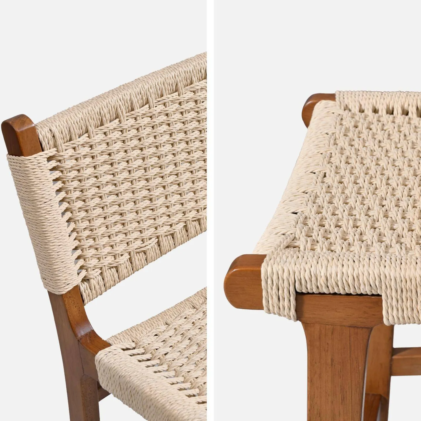 Taburete de bar de madera de hevea y asiento de cuerdas, set de 2