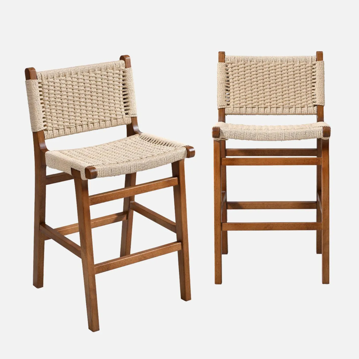 Taburete de bar de madera de hevea y asiento de cuerdas, set de 2