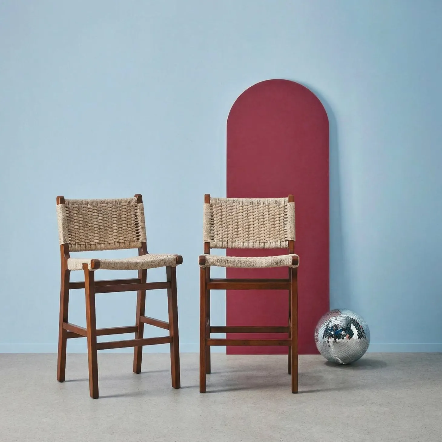 Taburete de bar de madera de hevea y asiento de cuerdas, set de 2