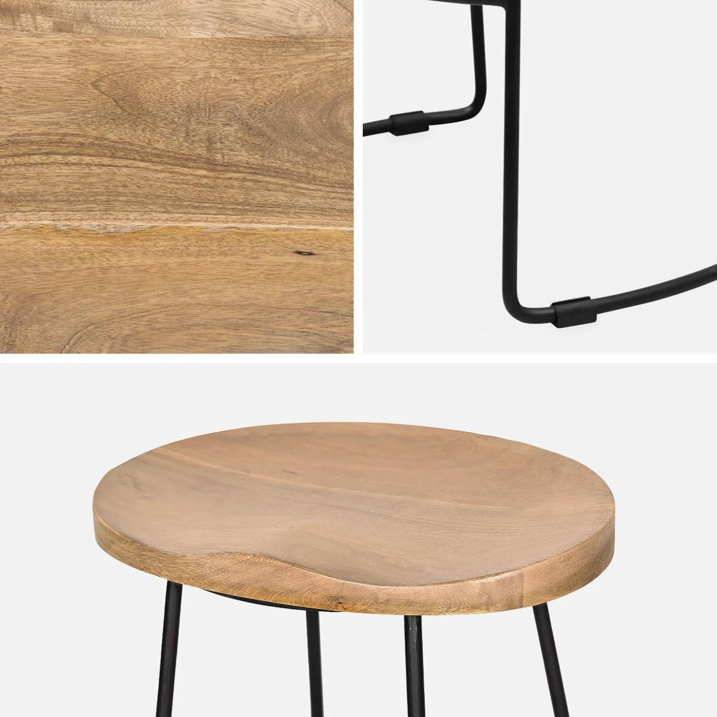Taburete de bar de madera de mango y acero, 65cm, set de 4