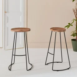 Taburete de bar de madera y acero, set de 2