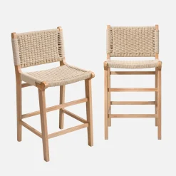Taburete de bar de madera de hevea y asiento de cuerdas, set de 2
