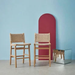 Taburete de bar de madera de hevea y asiento de cuerdas, set de 2