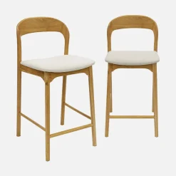 Taburete de bar vintage de madera de hevea y tela, set de 2