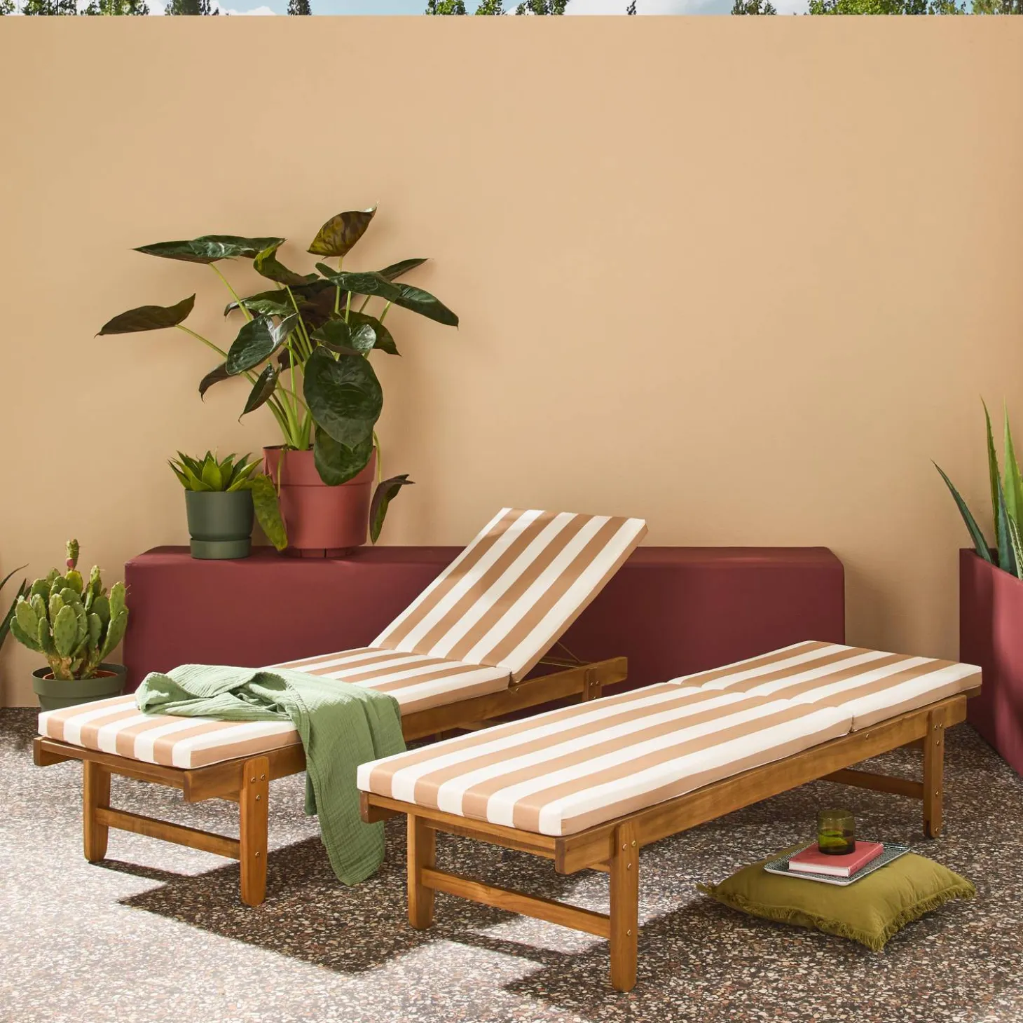 Tumbona de madera con ruedas, set de 2
