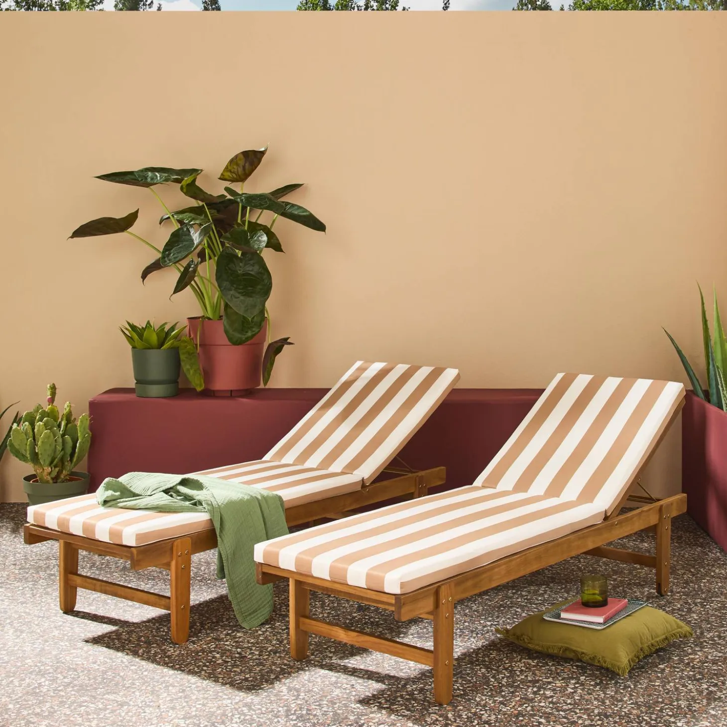 Tumbona de madera con ruedas, set de 2