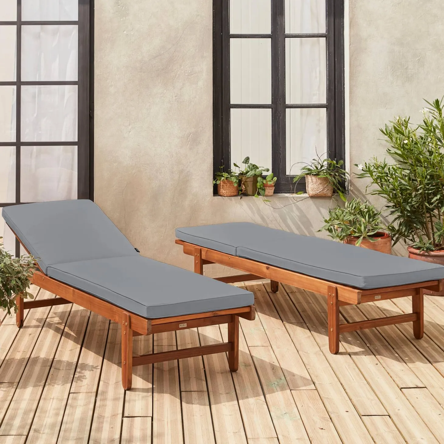 Tumbona de madera con ruedas, set de 2